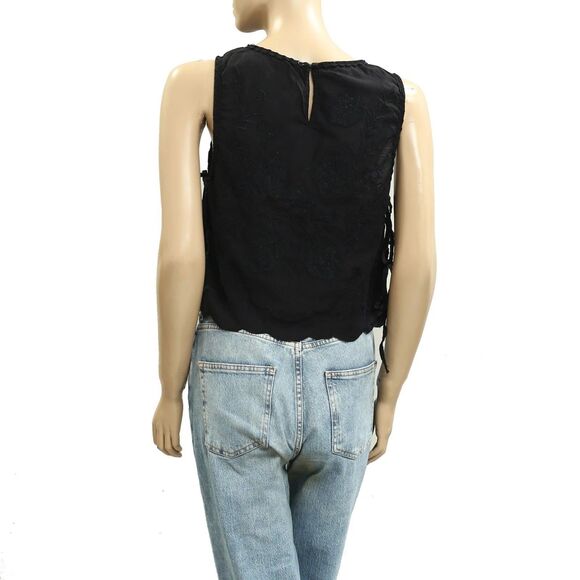 Free People Faded Gardens Tank Cropped Top Floral Embroidered Black XS 283663 - Picture 6 of 8